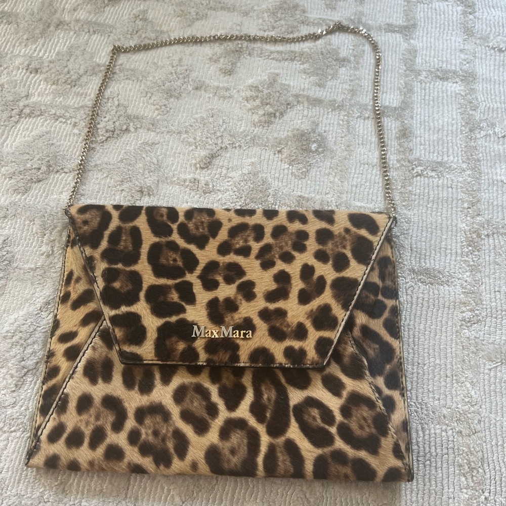MaxMara Leopard Print Clutch with Metallic Chain